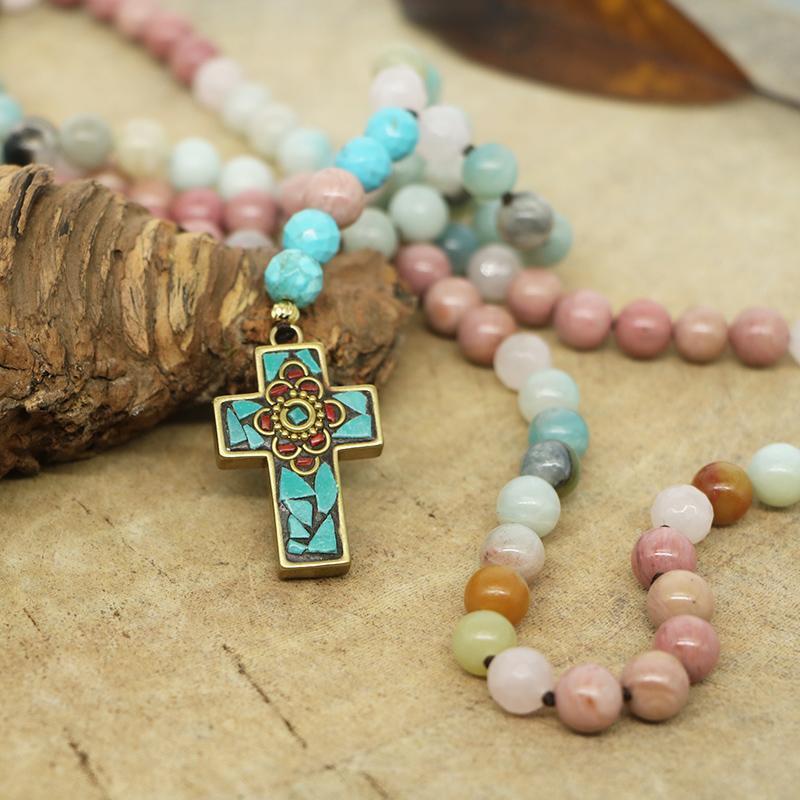 Collana con Pendente a Croce "Fede E Speranza" in Amazzonite, Rodonite e Quarzo